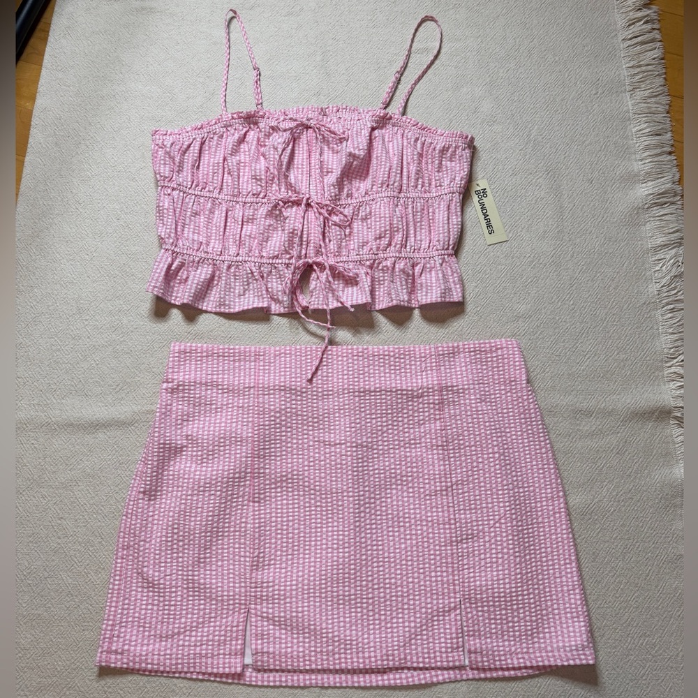 NEW No Boundaries Pink Seersucker Gingham Tie Front Cami Top Mini Skirt Set XXL - Picture 2 of 8